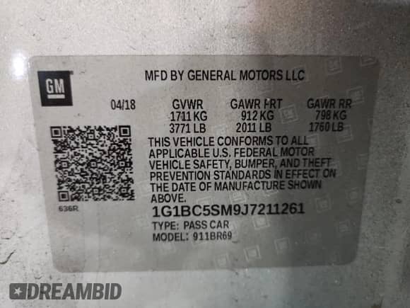 2018 Chevrolet Cruze LS с VIN 1G1BC5SM9J7211261, выставлен на аукционе Copart как лот 62481265 с пробегом 146 382 миль миль и Списание • Salvage title. История ставок и продаж доступна на DreamBid. Изображение 12.