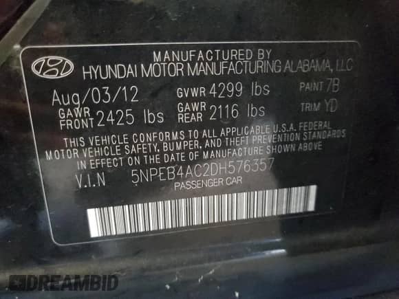 2013 Hyundai Sonata GLS with VIN 5NPEB4AC2DH576357, listed as a Copart auction lot 89447665 with 218,194 mi miles and Clean title. Bid and sale history available at DreamBid. Image 12.