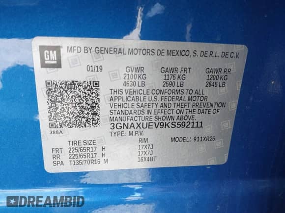 2019 Chevrolet Equinox LT with VIN 3GNAXUEV9KS592111, listed as a IAAI auction lot 41893675 with 69,894 mi miles and . Bid and sale history available at DreamBid. Image 9.