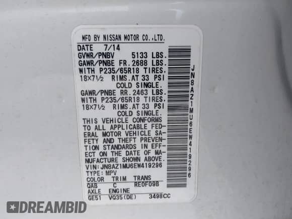 2014 Nissan Murano SV с VIN JN8AZ1MU6EW419296, выставлен на аукционе IAAI как лот 42129644 с пробегом 124 844 миль миль и . История ставок и продаж доступна на DreamBid. Изображение 9.