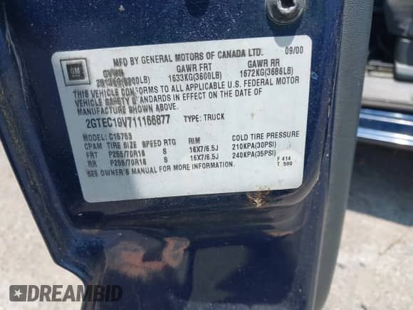 2001 GMC Sierra 1500 SLE с VIN 2GTEC19V711166877, выставлен на аукционе IAAI как лот 42587631 с пробегом 122 395 миль миль и . История ставок и продаж доступна на DreamBid. Изображение 9.