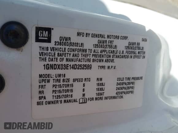 2004 Chevrolet Venture LS z VIN 1GNDX03E14D252589, wystawiony jako IAAI lot #41470299 z przebiegiem 276 523 mil mil oraz . Historia ofert i sprzedaży dostępna na DreamBid. Obrazek 9.