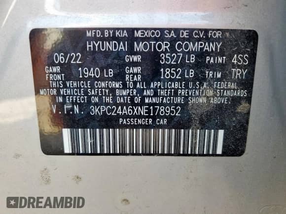 2022 Hyundai Accent SE с VIN 3KPC24A6XNE178952, выставлен на аукционе Copart как лот 81509725 с пробегом 27 490 миль миль и Списание • Salvage title. История ставок и продаж доступна на DreamBid. Изображение 13.