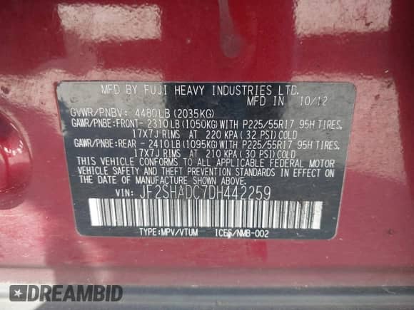 2013 Subaru Forester X Premium z VIN JF2SHADC7DH442259, wystawiony jako IAAI lot #43443978 z przebiegiem 172 075 mil mil oraz . Historia ofert i sprzedaży dostępna na DreamBid. Obrazek 9.