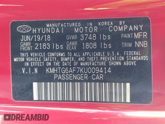 2019 Hyundai Veloster 2.0 with VIN KMHTG6AF7KU009414, listed as a IAAI auction lot 41506533 with 85,172 mi miles and . Bid and sale history available at DreamBid. Image 9.