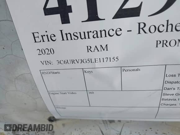 2020 Ram ProMaster Cargo z VIN 3C6URVJG5LE117155, wystawiony jako IAAI lot #41299971 z przebiegiem Nie podano mil oraz . Historia ofert i sprzedaży dostępna na DreamBid. Obrazek 9.