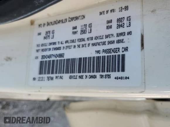 2000 Dodge Intrepid z VIN 2B3HD46R7YH249862, wystawiony jako Copart lot #66648555 z przebiegiem 149 759 mil mil oraz Szkoda całkowita • Salvage title. Historia ofert i sprzedaży dostępna na DreamBid. Obrazek 12.