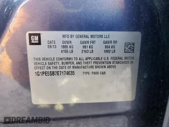 2014 Chevrolet Cruze 2LT с VIN 1G1PE5SB7E7174635, выставлен на аукционе Copart как лот 81470245 с пробегом 115 266 миль миль и Списание • Salvage title. История ставок и продаж доступна на DreamBid. Изображение 12.