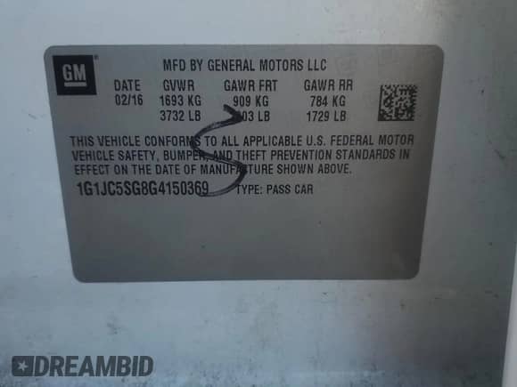 2016 Chevrolet Sonic LT с VIN 1G1JC5SG8G4150369, выставлен на аукционе Copart как лот 64326495 с пробегом 118 080 миль миль и Списание • Salvage title. История ставок и продаж доступна на DreamBid. Изображение 12.