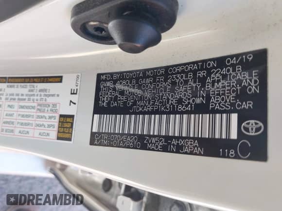 2019 Toyota Prius Plus с VIN JTDKARFP1K3118641, выставлен на аукционе IAAI как лот 42163136 с пробегом 46 958 миль миль и . История ставок и продаж доступна на DreamBid. Изображение 9.