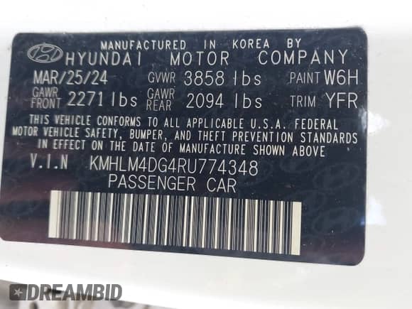 2024 Hyundai Elantra SEL with VIN KMHLM4DG4RU774348, listed as a IAAI auction lot 43080398 with 57,482 mi miles and . Bid and sale history available at DreamBid. Image 9.
