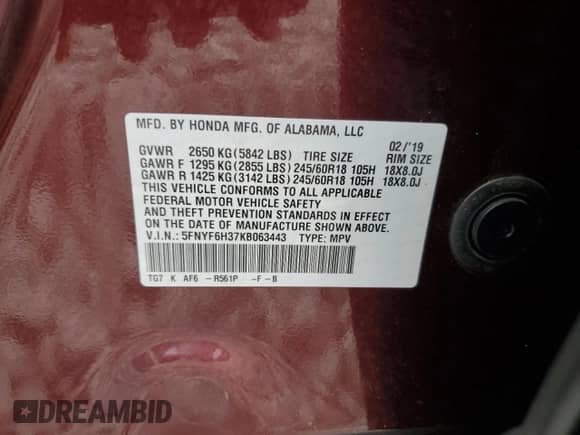 2019 Honda Pilot EX with VIN 5FNYF6H37KB063443, listed as a Copart auction lot 69069265 with 193,334 mi miles and Salvage title. Bid and sale history available at DreamBid. Image 14.