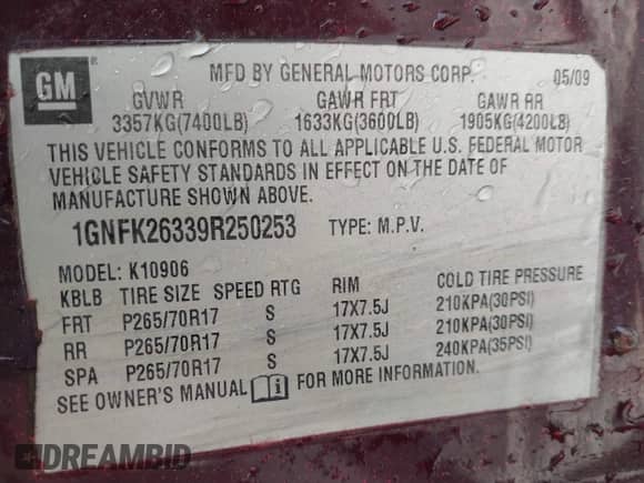 2009 Chevrolet Suburban 2LT with VIN 1GNFK26339R250253, listed as a IAAI auction lot 41519747 with 147,045 mi miles and . Bid and sale history available at DreamBid. Image 9.