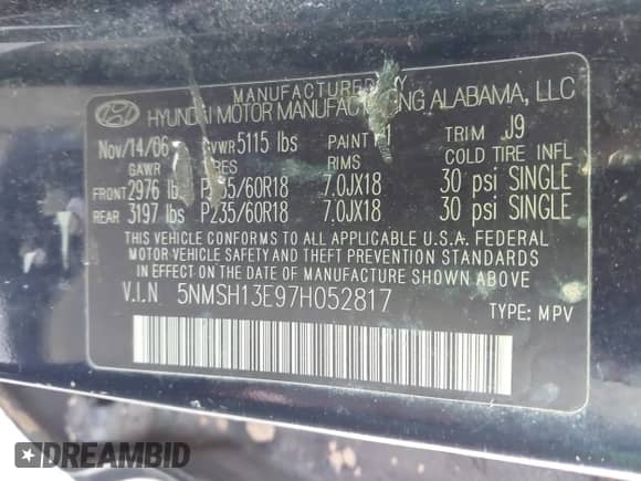 2007 Hyundai Santa Fe SE with VIN 5NMSH13E97H052817, listed as a IAAI auction lot 43136191 with 265,353 mi miles and . Bid and sale history available at DreamBid. Image 9.