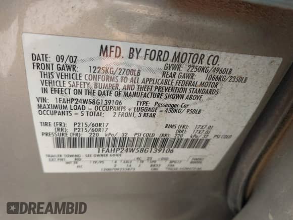 2008 Ford Taurus SEL with VIN 1FAHP24W58G139106, listed as a IAAI auction lot 43057390 with 204,153 mi miles and . Bid and sale history available at DreamBid. Image 9.