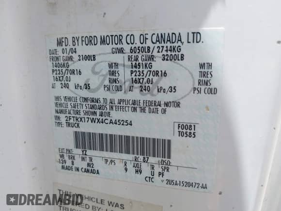 2004 Ford F-150 XL with VIN 2FTRX17WX4CA45254, listed as a IAAI auction lot 42682926 with 113,305 mi miles and . Bid and sale history available at DreamBid. Image 9.