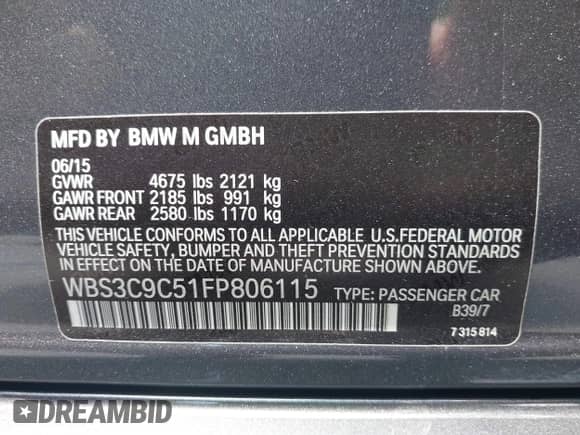 2015 BMW M3 with VIN WBS3C9C51FP806115, listed as a IAAI auction lot 42164820 with 62,774 mi miles and . Bid and sale history available at DreamBid. Image 9.