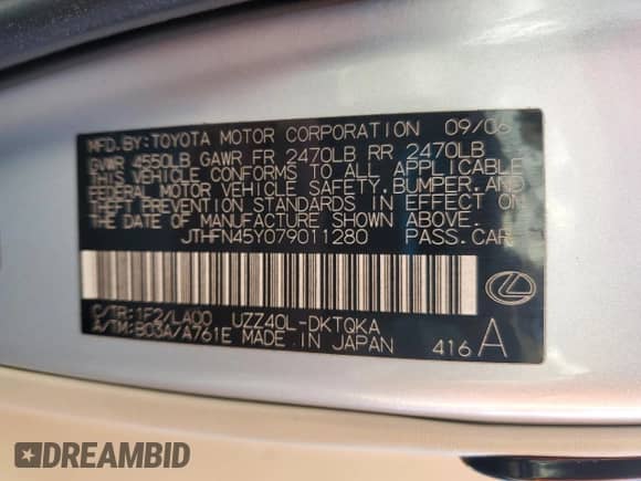 2007 Lexus SC 430 z VIN JTHFN45Y079011280, wystawiony jako Copart lot #82713875 z przebiegiem 132 802 mil mil oraz Szkoda całkowita • Salvage title. Historia ofert i sprzedaży dostępna na DreamBid. Obrazek 13.