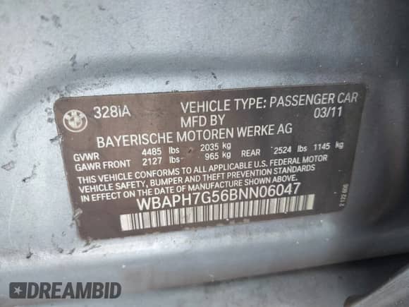 2011 BMW 3 Series 328i с VIN WBAPH7G56BNN06047, выставлен на аукционе IAAI как лот 43568676 с пробегом Не указан миль и . История ставок и продаж доступна на DreamBid. Изображение 9.