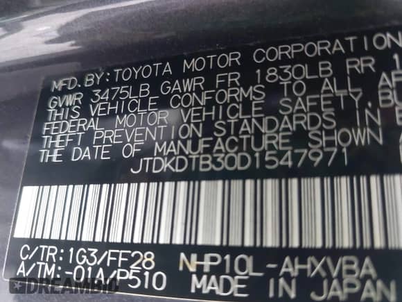 2013 Toyota Prius One z VIN JTDKDTB30D1547971, wystawiony jako IAAI lot #43189377 z przebiegiem 164 838 mil mil oraz . Historia ofert i sprzedaży dostępna na DreamBid. Obrazek 9.