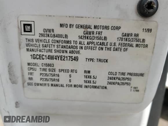 2000 Chevrolet Silverado 1500 с VIN 1GCEC14W4YE217549, выставлен на аукционе Copart как лот 65739615 с пробегом 62 430 миль миль и Списание • Salvage title. История ставок и продаж доступна на DreamBid. Изображение 12.