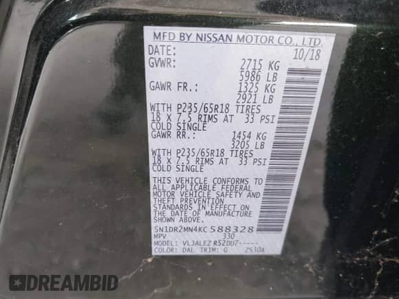 2019 Nissan Pathfinder S z VIN 5N1DR2MN4KC588328, wystawiony jako IAAI lot #43241222 z przebiegiem 129 820 mil mil oraz . Historia ofert i sprzedaży dostępna na DreamBid. Obrazek 9.