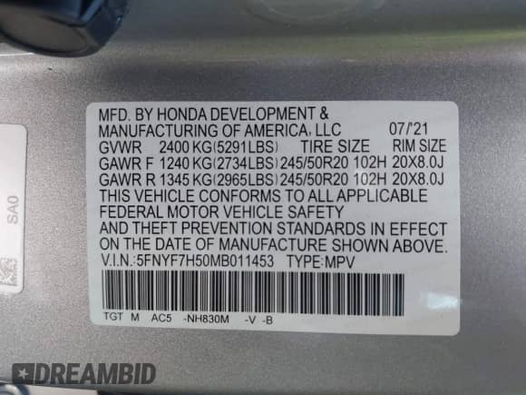 2021 Honda Passport EX-L с VIN 5FNYF7H50MB011453, выставлен на аукционе IAAI как лот 41877180 с пробегом 52 026 миль миль и . История ставок и продаж доступна на DreamBid. Изображение 9.