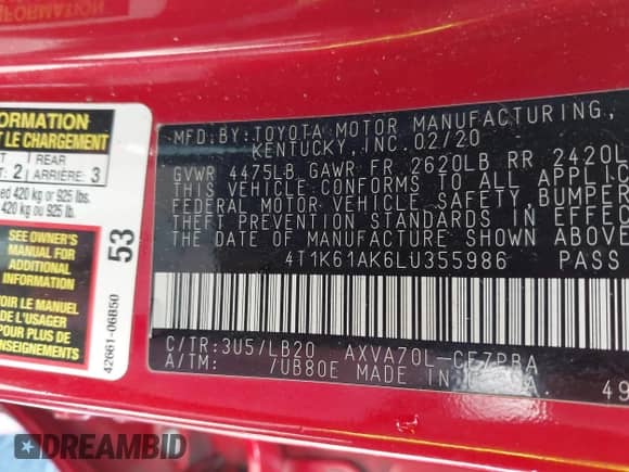 2020 Toyota Camry XSE z VIN 4T1K61AK6LU355986, wystawiony jako IAAI lot #42875261 z przebiegiem 60 130 mil mil oraz . Historia ofert i sprzedaży dostępna na DreamBid. Obrazek 9.