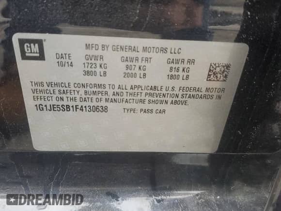 2015 Chevrolet Sonic LTZ с VIN 1G1JE5SB1F4130638, выставлен на аукционе Copart как лот 84034965 с пробегом Не указан миль и Списание • Salvage title. История ставок и продаж доступна на DreamBid. Изображение 12.
