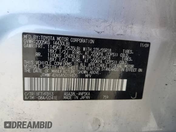 2010 Toyota RAV4 Sport with VIN JTMWF4DV6A5019405, listed as a Copart auction lot 80022035 with 156,437 mi miles and Salvage title. Bid and sale history available at DreamBid. Image 13.