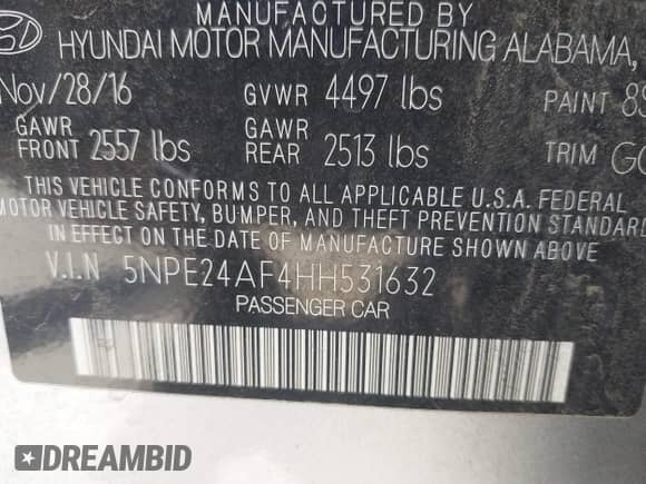 2017 Hyundai Sonata 2.4L with VIN 5NPE24AF4HH531632, listed as a IAAI auction lot 42822617 with 142,633 mi miles and . Bid and sale history available at DreamBid. Image 9.