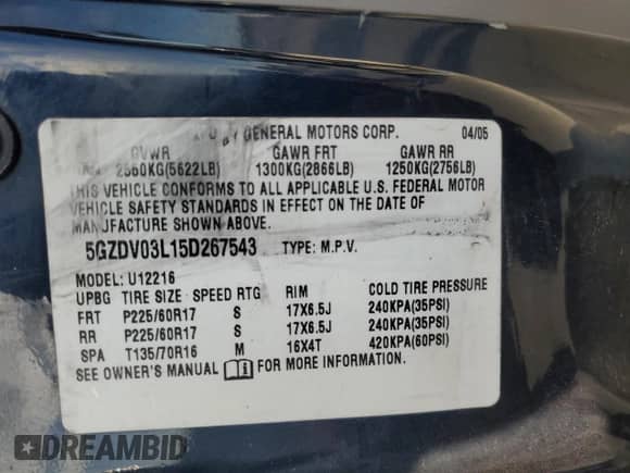 2005 Saturn Relay 2 with VIN 5GZDV03L15D267543, listed as a Copart auction lot 76602284 with Not provided miles and Salvage title. Bid and sale history available at DreamBid. Image 15.