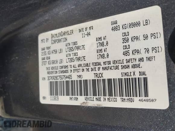2005 Dodge 2500 SLT with VIN 3D7KR28C75G754465, listed as a IAAI auction lot 43090555 with 146,898 mi miles and . Bid and sale history available at DreamBid. Image 9.