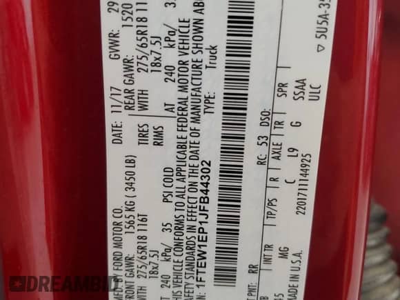 2018 Ford F-150 XL with VIN 1FTEW1EP1JFB44302, listed as a Copart auction lot 70579955 with 94,422 mi miles and Salvage title. Bid and sale history available at DreamBid. Image 12.