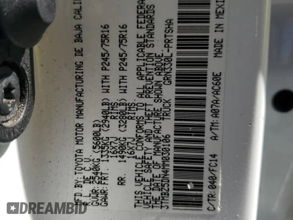 2021 Toyota Tacoma SR5 с VIN 3TMBZ5DN4MM030106, выставлен на аукционе Copart как лот 59931595 с пробегом 46 765 миль миль и Списание • Salvage title. История ставок и продаж доступна на DreamBid. Изображение 13.