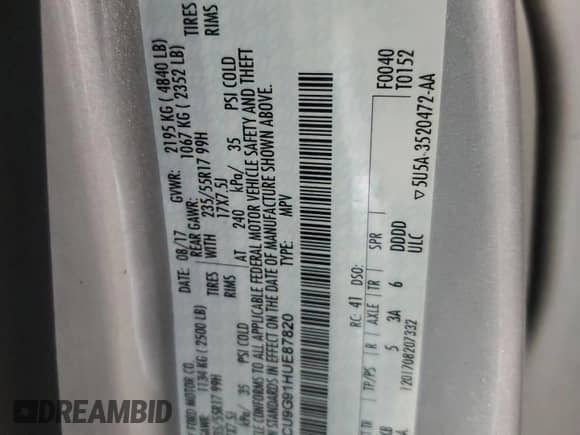 2017 Ford Escape SE z VIN 1FMCU9G91HUE87820, wystawiony jako Copart lot #80785325 z przebiegiem 118 426 mil mil oraz Szkoda całkowita • Salvage title. Historia ofert i sprzedaży dostępna na DreamBid. Obrazek 13.