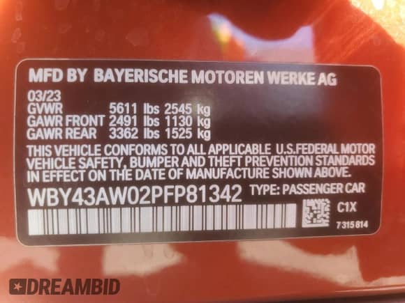 2023 BMW i4 eDrive35 with VIN WBY43AW02PFP81342, listed as a Copart auction lot 72035145 with 23,346 mi miles and Salvage title. Bid and sale history available at DreamBid. Image 13.