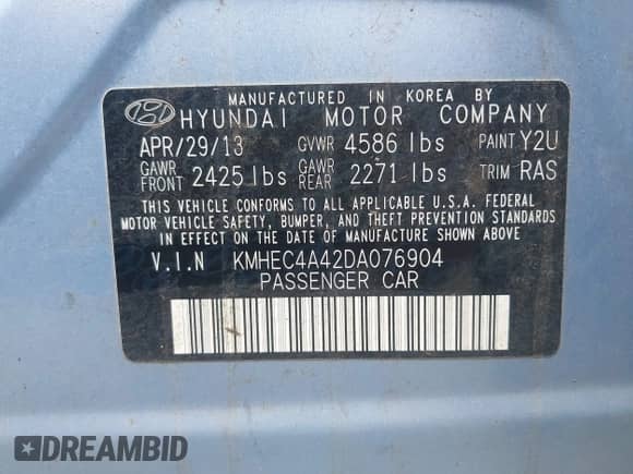 2013 Hyundai Sonata z VIN KMHEC4A42DA076904, wystawiony jako IAAI lot #42703715 z przebiegiem 115 380 mil mil oraz . Historia ofert i sprzedaży dostępna na DreamBid. Obrazek 9.