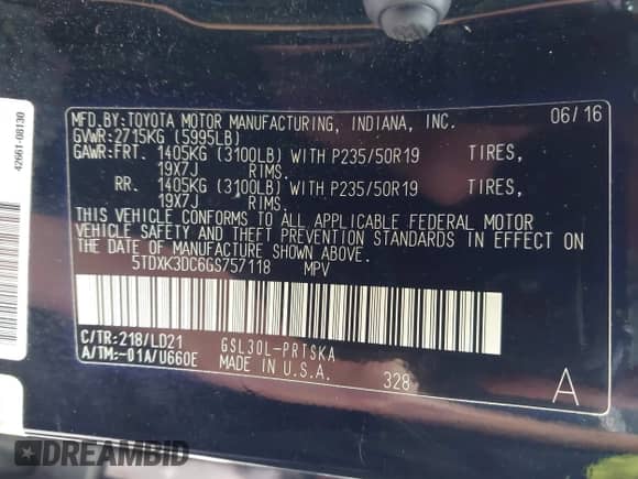 2016 Toyota Sienna SE with VIN 5TDXK3DC6GS757118, listed as a IAAI auction lot 43017654 with 116,578 mi miles and . Bid and sale history available at DreamBid. Image 9.