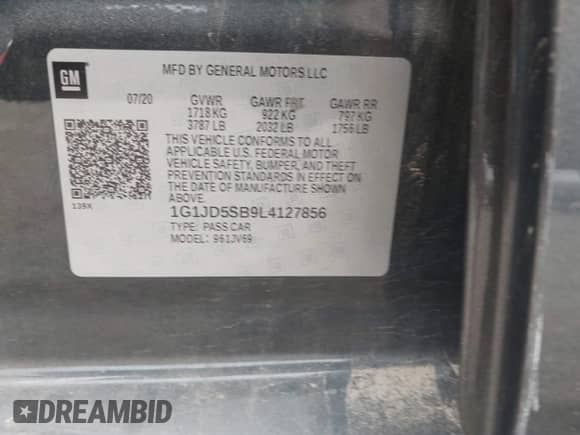 2020 Chevrolet Sonic LT with VIN 1G1JD5SB9L4127856, listed as a IAAI auction lot 42952943 with 66,882 mi miles and . Bid and sale history available at DreamBid. Image 9.