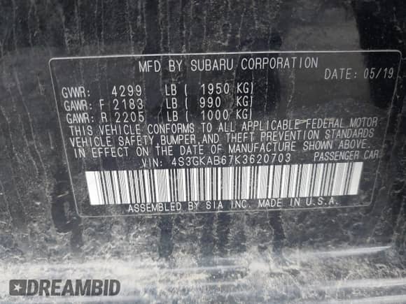 2019 Subaru Impreza with VIN 4S3GKAB67K3620703, listed as a IAAI auction lot 42284703 with 79,474 mi miles and . Bid and sale history available at DreamBid. Image 9.