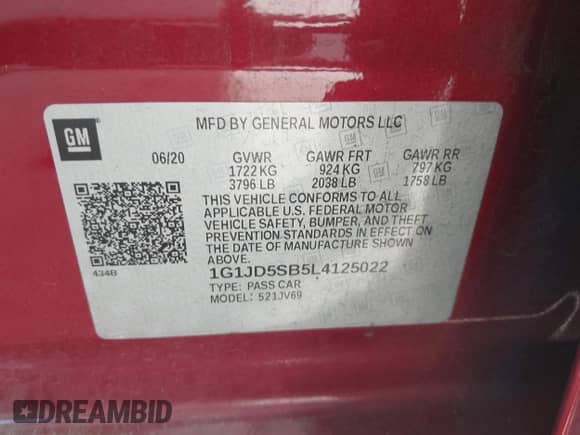 2020 Chevrolet Sonic LT with VIN 1G1JD5SB5L4125022, listed as a IAAI auction lot 43279914 with 88,829 mi miles and . Bid and sale history available at DreamBid. Image 9.