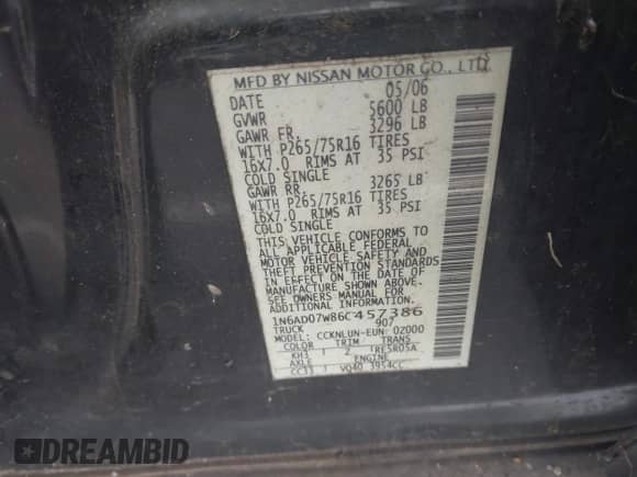 2006 Nissan Frontier SE with VIN 1N6AD07W86C457386, listed as a IAAI auction lot 42263208 with 169,768 mi miles and . Bid and sale history available at DreamBid. Image 9.