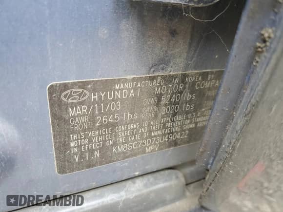 2003 Hyundai Santa Fe GLS с VIN KM8SC73D73U490422, выставлен на аукционе Copart как лот 82117114 с пробегом 233 196 миль миль и Чистый • Clean title. История ставок и продаж доступна на DreamBid. Изображение 13.