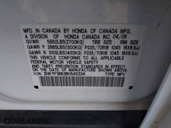 2006 Honda Pilot EX-L z VIN 2HKYF18636H542334, wystawiony jako IAAI lot #42431705 z przebiegiem 196 244 mil mil oraz . Historia ofert i sprzedaży dostępna na DreamBid. Obrazek 9.