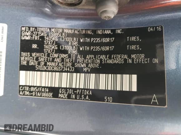 2016 Toyota Sienna L with VIN 5TDZK3DC8GS734433, listed as a Copart auction lot 68737615 with 142,007 mi miles and Salvage title. Bid and sale history available at DreamBid. Image 13.
