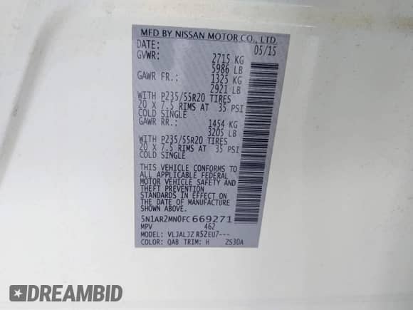 2015 Nissan Pathfinder S с VIN 5N1AR2MN0FC669271, выставлен на аукционе IAAI как лот 42844686 с пробегом 62 512 миль миль и . История ставок и продаж доступна на DreamBid. Изображение 9.