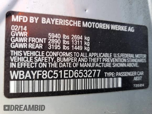 2014 BMW 7 Series ALPINA B7 xDrive with VIN WBAYF8C51ED653277, listed as a Copart auction lot 69800685 with 84,253 mi miles and Salvage title. Bid and sale history available at DreamBid. Image 13.