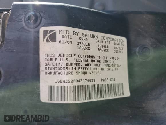 2004 Saturn ION ION 2 with VIN 1G8AZ52F04Z174039, listed as a Copart auction lot 79568564 with 146,868 mi miles and Salvage title. Bid and sale history available at DreamBid. Image 12.