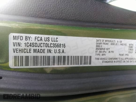 2020 Dodge Durango R/T with VIN 1C4SDJCT0LC356816, listed as a IAAI auction lot 40948429 with Not provided miles and . Bid and sale history available at DreamBid. Image 9.